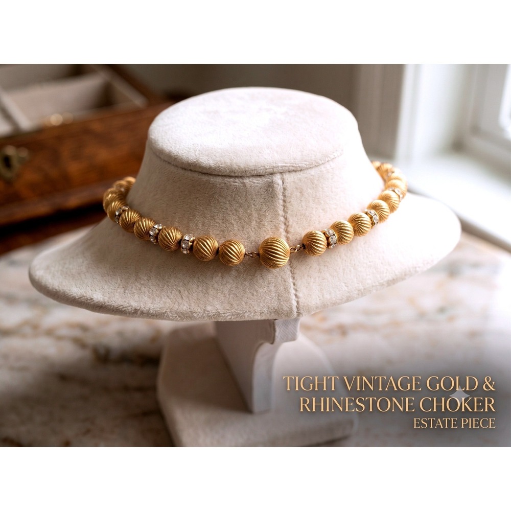 1960s Gold Tone Ribbed Bead Necklace Clear Rhinestone Rondelle Spacers Choker